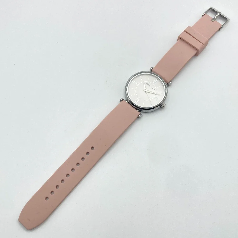 Anne Klein Women's Watch 34mm Silver Tone Beige Dial Silicone Band New Battery